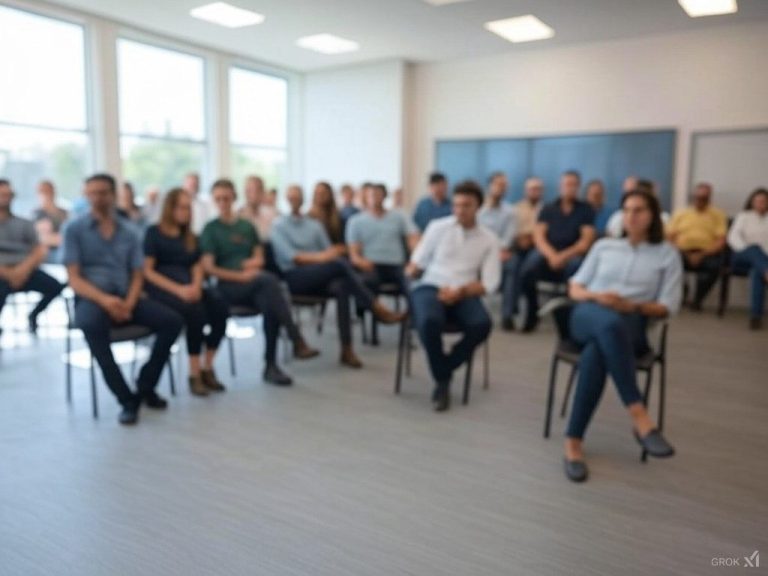 Eine Gruppe von Personen sitzt in einem Raum auf Stühlen, alle schauen aufmerksam nach vorne.